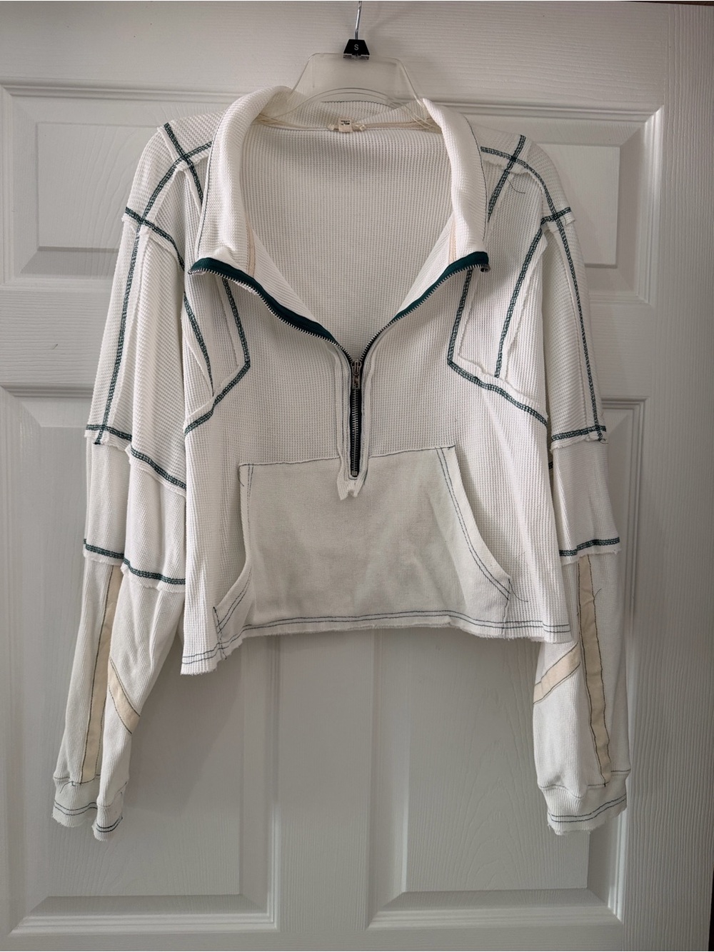 POL White Waffle Half-Zip Pullover with Green Contrast Stitching